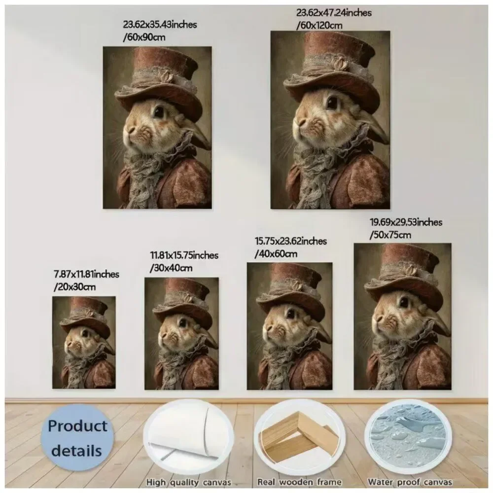 Canvas Art Victorian Rabbit Dressed in Top Hat & Vintage Costume 24x36 Frameless